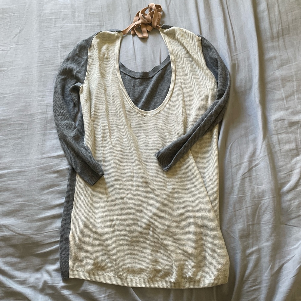 Gray and Cream Long Sleeve Sweater with Pink Tie - Picture 2 of 3
